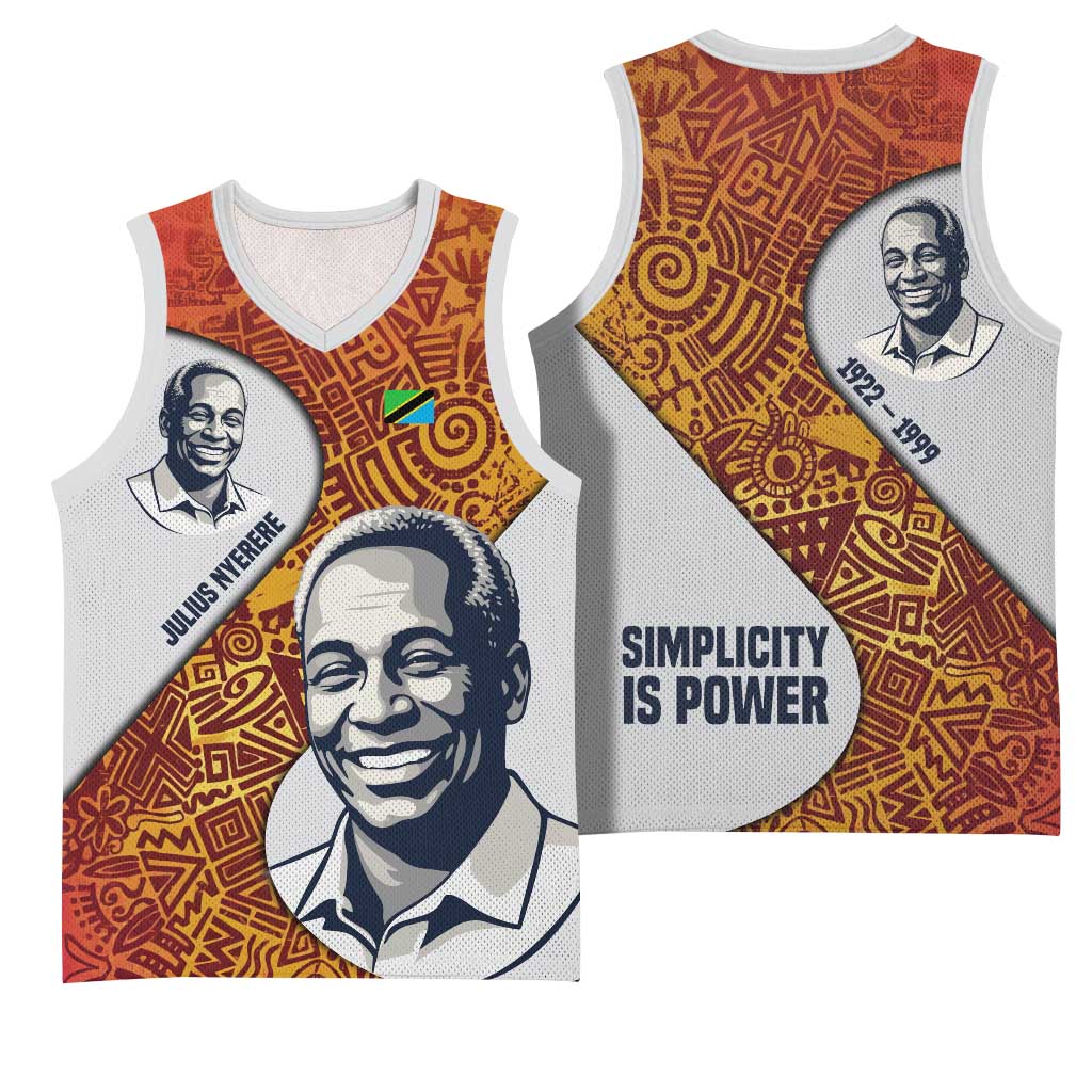 Julius Nyerere Basketball Jersey with Smiling Portrait, Tribal Pattern and Simplicity is Power Quote - African Pride