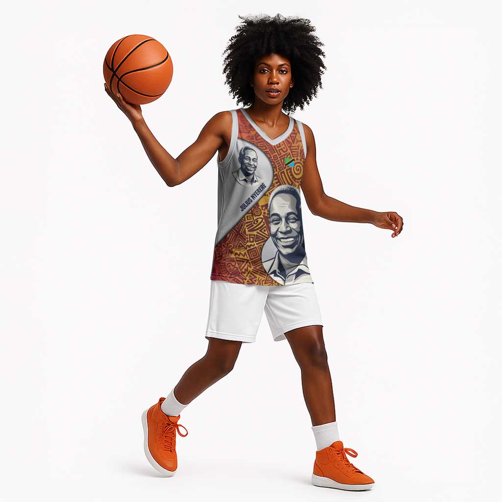 Julius Nyerere Basketball Jersey with Smiling Portrait, Tribal Pattern and Simplicity is Power Quote - African Pride