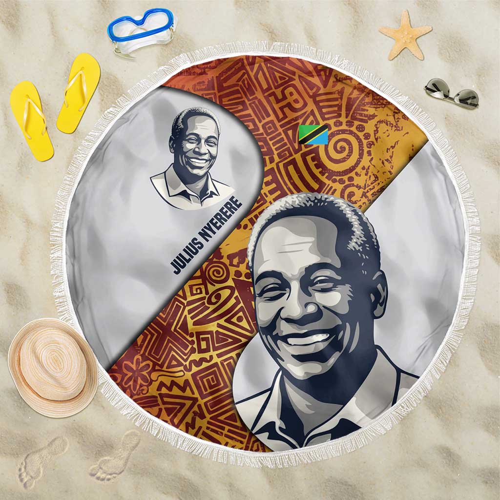 Julius Nyerere Beach Blanket with Smiling Portrait, Tribal Pattern and Simplicity is Power Quote - African Pride