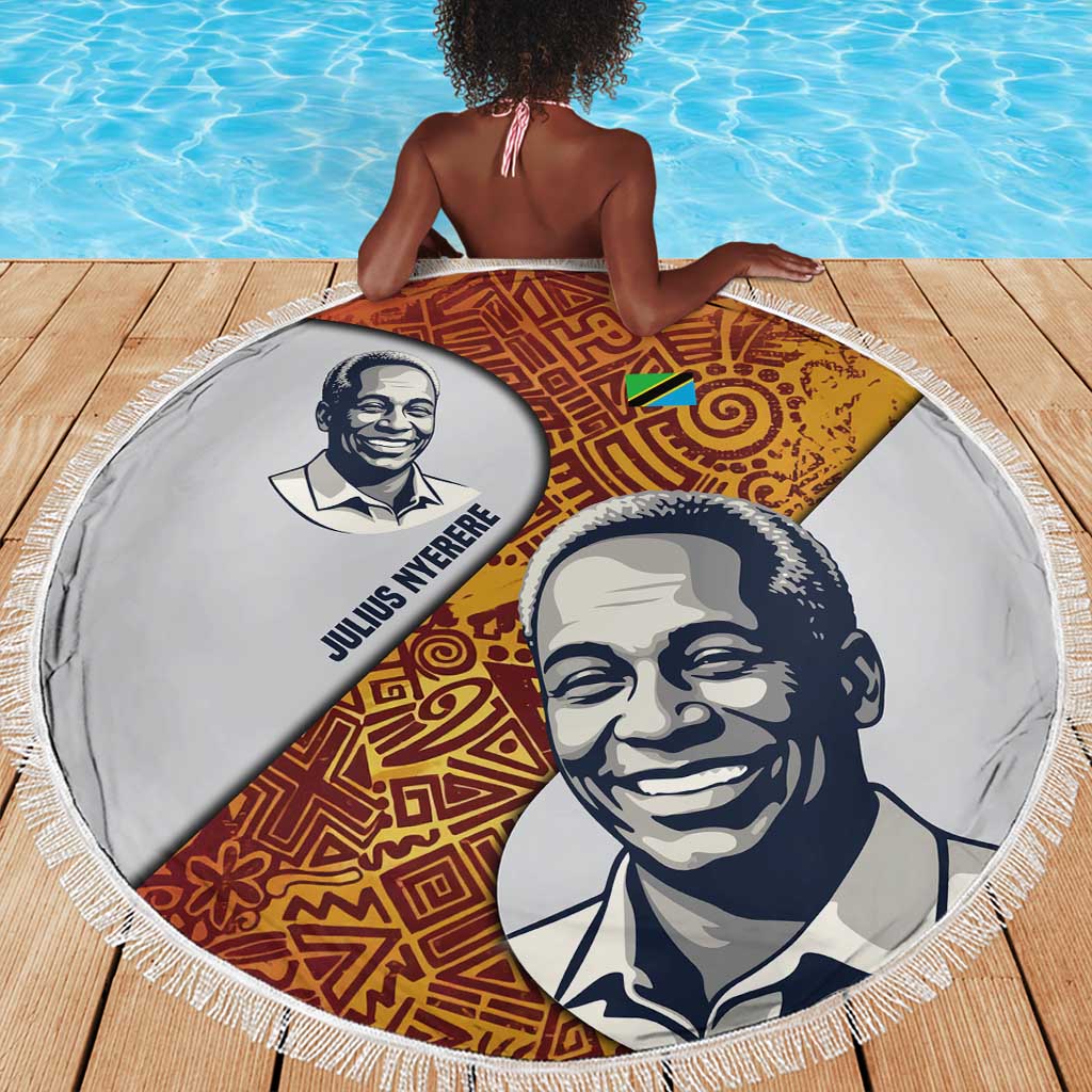 Julius Nyerere Beach Blanket with Smiling Portrait, Tribal Pattern and Simplicity is Power Quote - African Pride