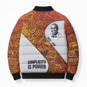 Julius Nyerere Bomber Puffer Jacket with Smiling Portrait, Tribal Pattern and Simplicity is Power Quote - African Pride