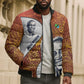 Julius Nyerere Bomber Puffer Jacket with Smiling Portrait, Tribal Pattern and Simplicity is Power Quote - African Pride