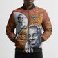 Julius Nyerere Bomber Puffer Jacket with Smiling Portrait, Tribal Pattern and Simplicity is Power Quote - African Pride