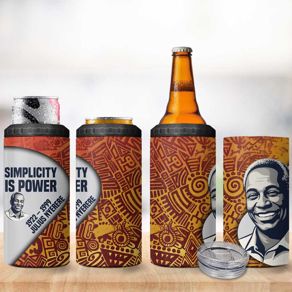 Julius Nyerere 4 in 1 Can Cooler Tumbler with Smiling Portrait, Tribal Pattern and Simplicity is Power Quote - African Pride