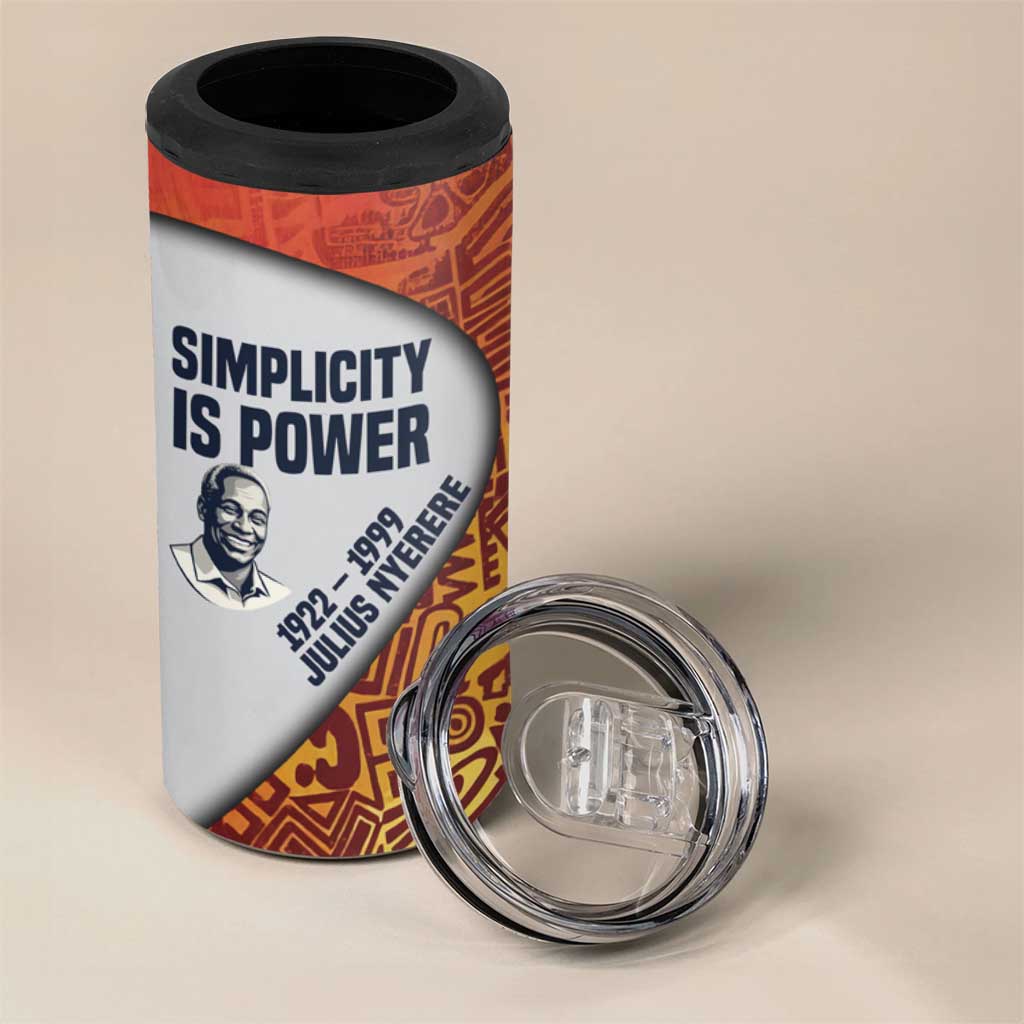 Julius Nyerere 4 in 1 Can Cooler Tumbler with Smiling Portrait, Tribal Pattern and Simplicity is Power Quote - African Pride