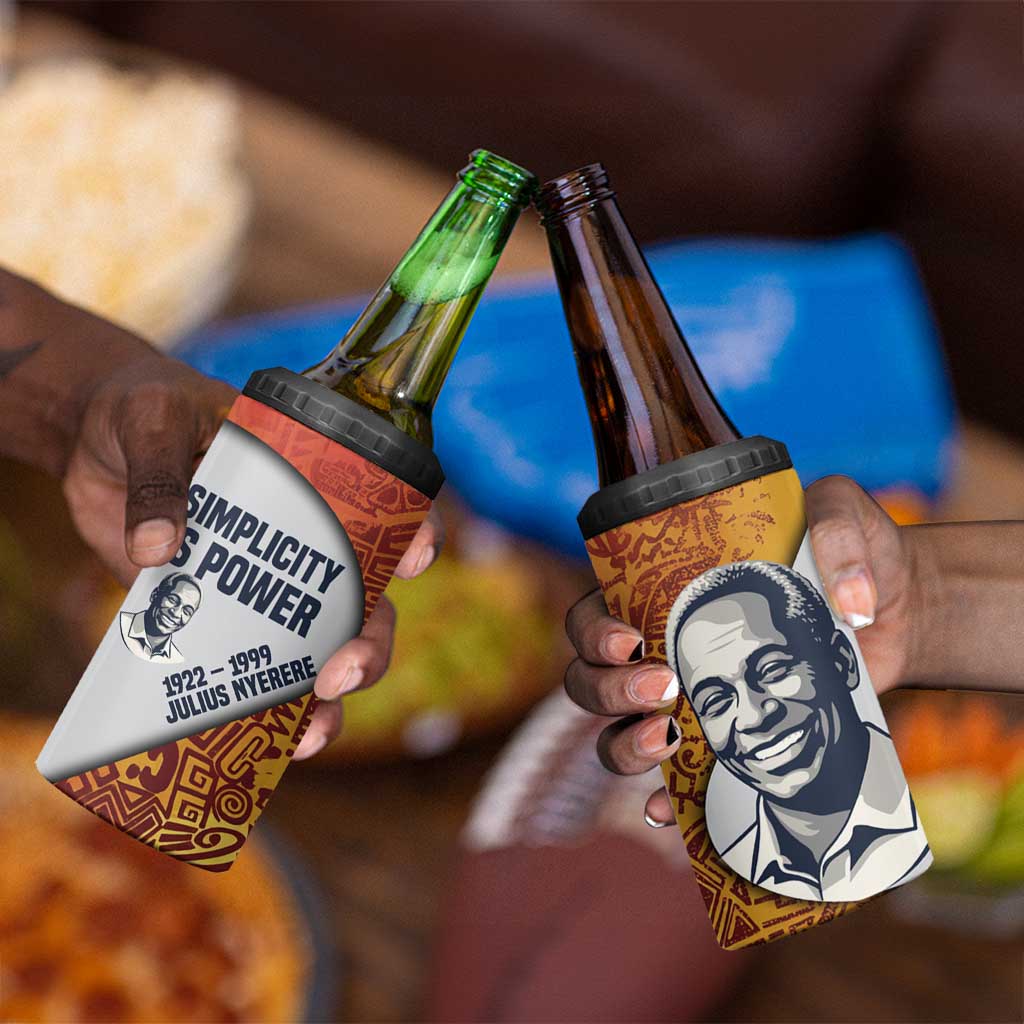Julius Nyerere 4 in 1 Can Cooler Tumbler with Smiling Portrait, Tribal Pattern and Simplicity is Power Quote - African Pride