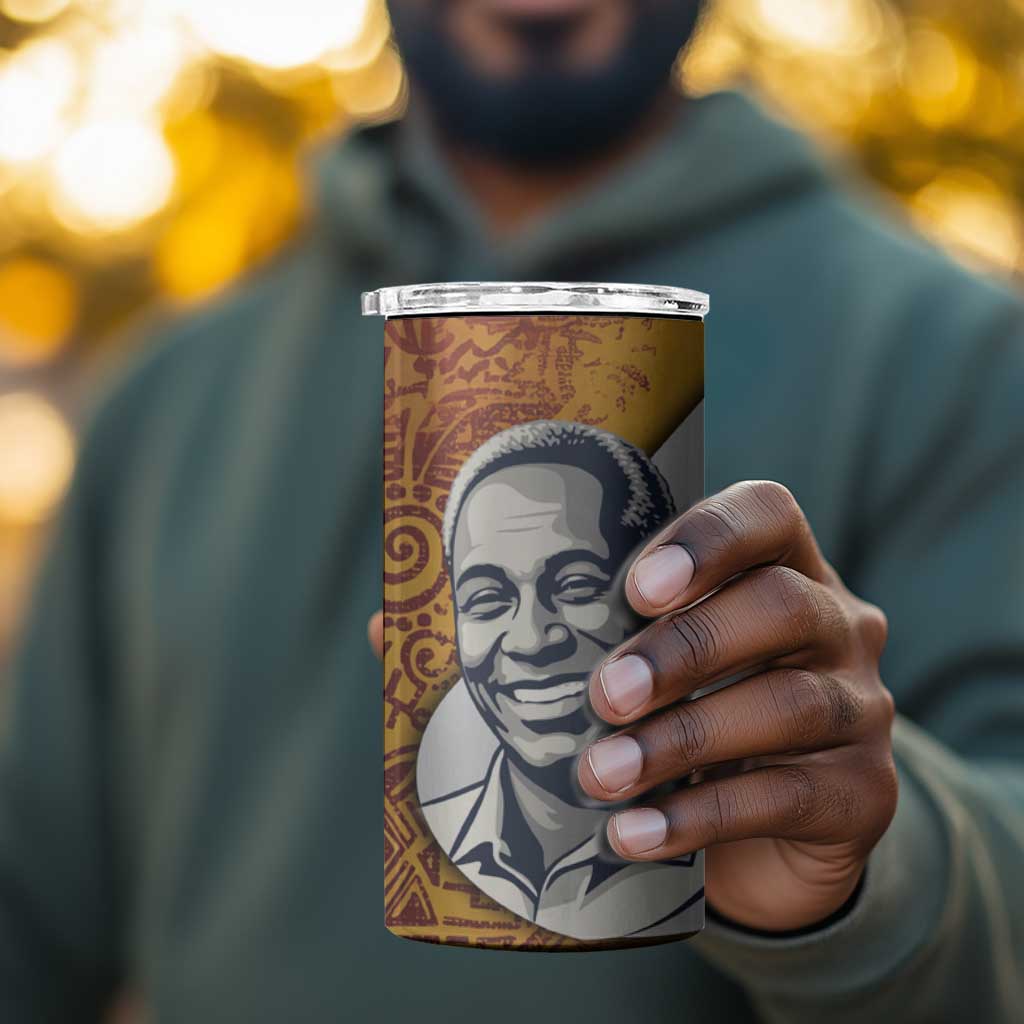 Julius Nyerere 4 in 1 Can Cooler Tumbler with Smiling Portrait, Tribal Pattern and Simplicity is Power Quote - African Pride