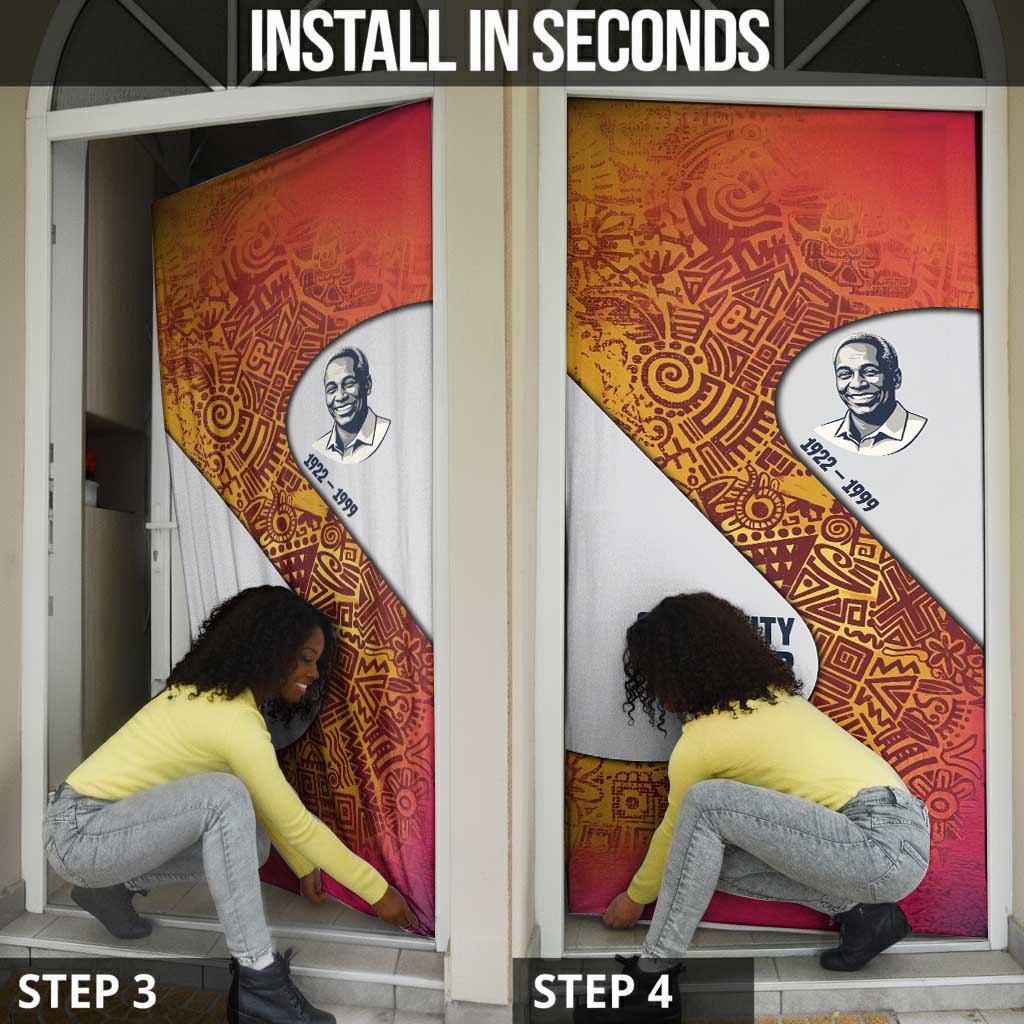 Julius Nyerere Door Cover with Smiling Portrait, Tribal Pattern and Simplicity is Power Quote - African Pride