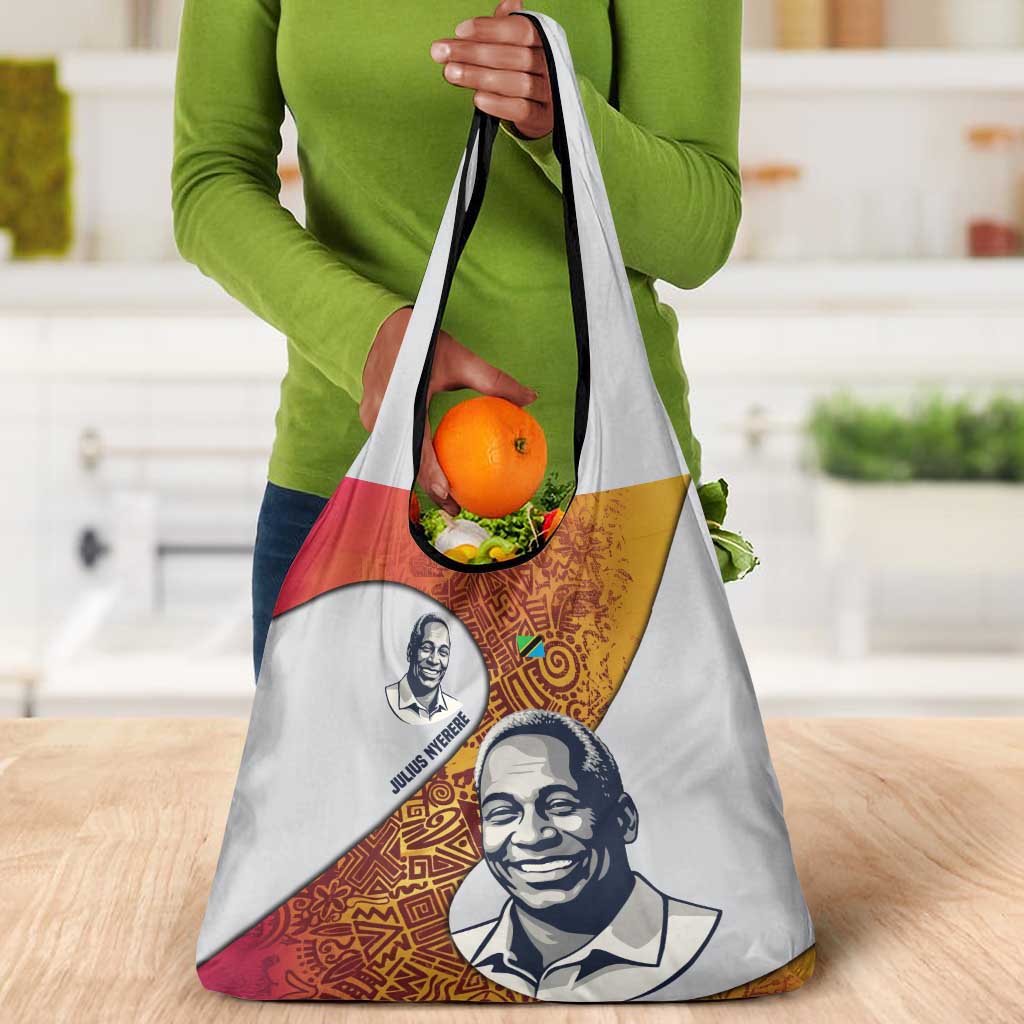 Julius Nyerere Grocery Bag with Smiling Portrait, Tribal Pattern and Simplicity is Power Quote - African Pride
