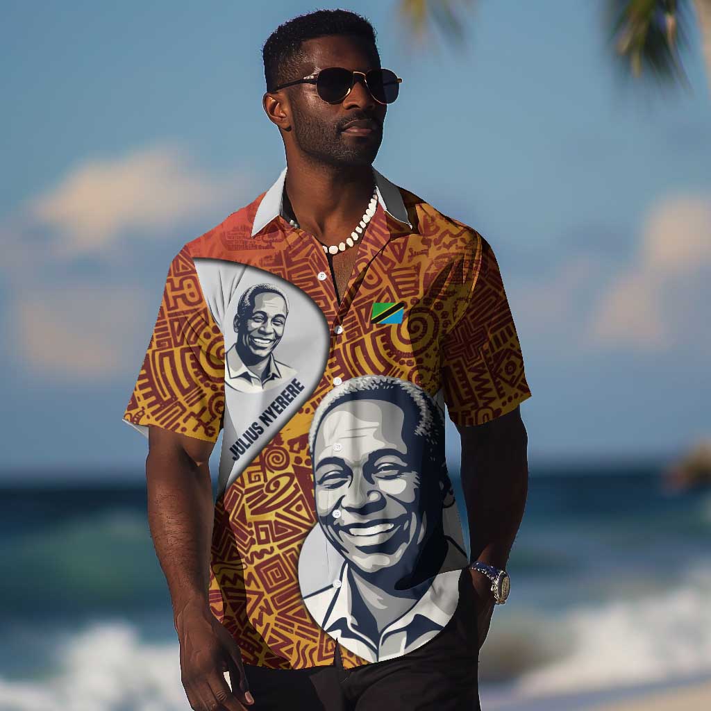 Julius Nyerere Hawaiian Shirt with Smiling Portrait, Tribal Pattern and Simplicity is Power Quote - African Pride