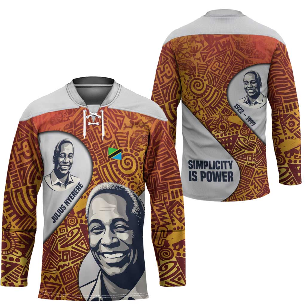 Julius Nyerere Hockey Jersey with Smiling Portrait, Tribal Pattern and Simplicity is Power Quote - African Pride