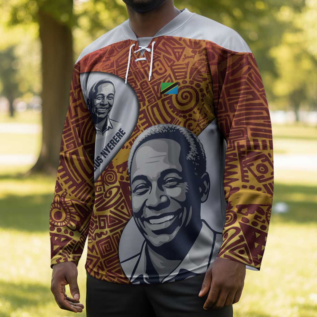 Julius Nyerere Hockey Jersey with Smiling Portrait, Tribal Pattern and Simplicity is Power Quote - African Pride