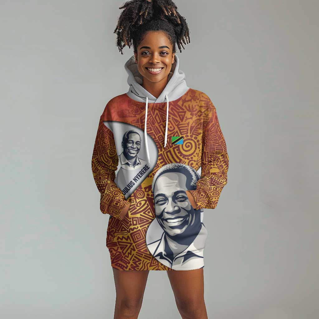 Julius Nyerere Hoodie Dress with Smiling Portrait, Tribal Pattern and Simplicity is Power Quote - African Pride