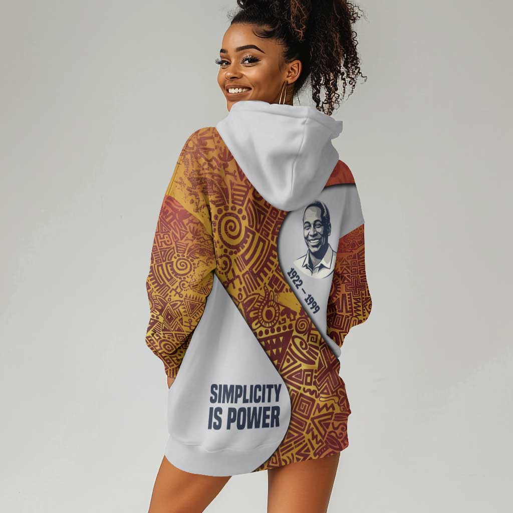 Julius Nyerere Hoodie Dress with Smiling Portrait, Tribal Pattern and Simplicity is Power Quote - African Pride