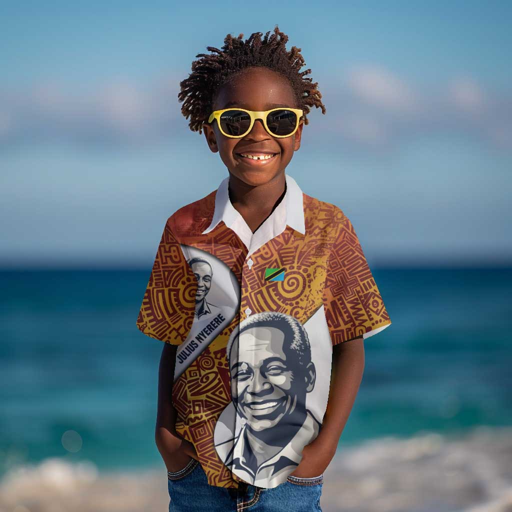 Julius Nyerere Kid Hawaiian Shirt with Smiling Portrait, Tribal Pattern and Simplicity is Power Quote - African Pride