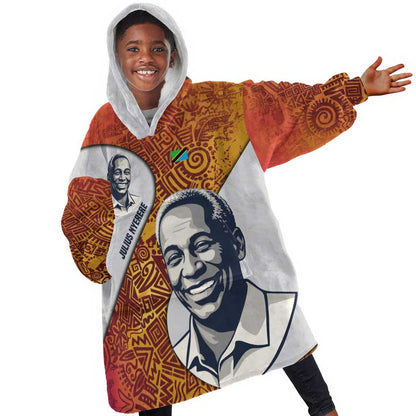 Julius Nyerere Kid Wearable Blanket Hoodie with Smiling Portrait, Tribal Pattern and Simplicity is Power Quote - African Pride
