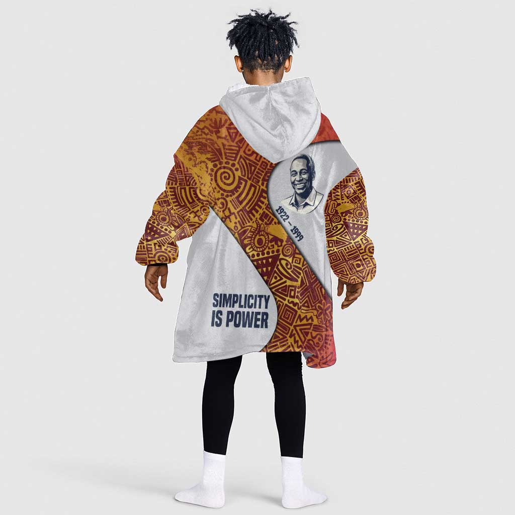 Julius Nyerere Kid Wearable Blanket Hoodie with Smiling Portrait, Tribal Pattern and Simplicity is Power Quote - African Pride