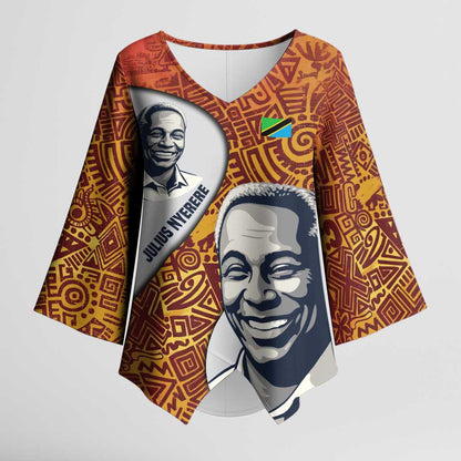 Julius Nyerere Kimono Sleeve Blouse with Smiling Portrait, Tribal Pattern and Simplicity is Power Quote - African Pride