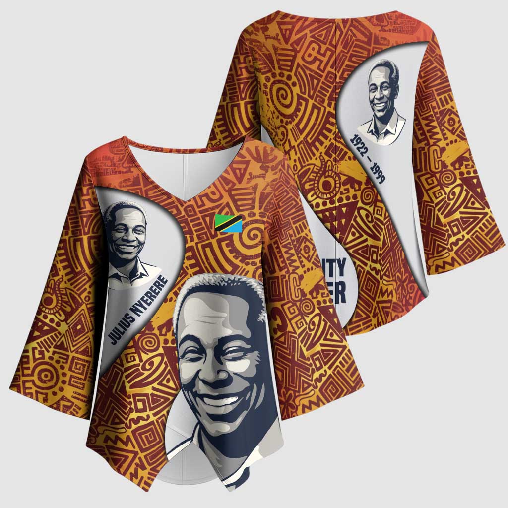 Julius Nyerere Kimono Sleeve Blouse with Smiling Portrait, Tribal Pattern and Simplicity is Power Quote - African Pride