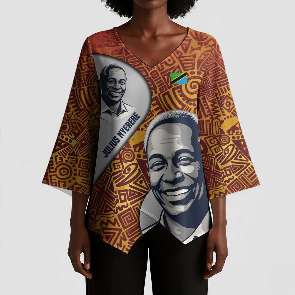 Julius Nyerere Kimono Sleeve Blouse with Smiling Portrait, Tribal Pattern and Simplicity is Power Quote - African Pride