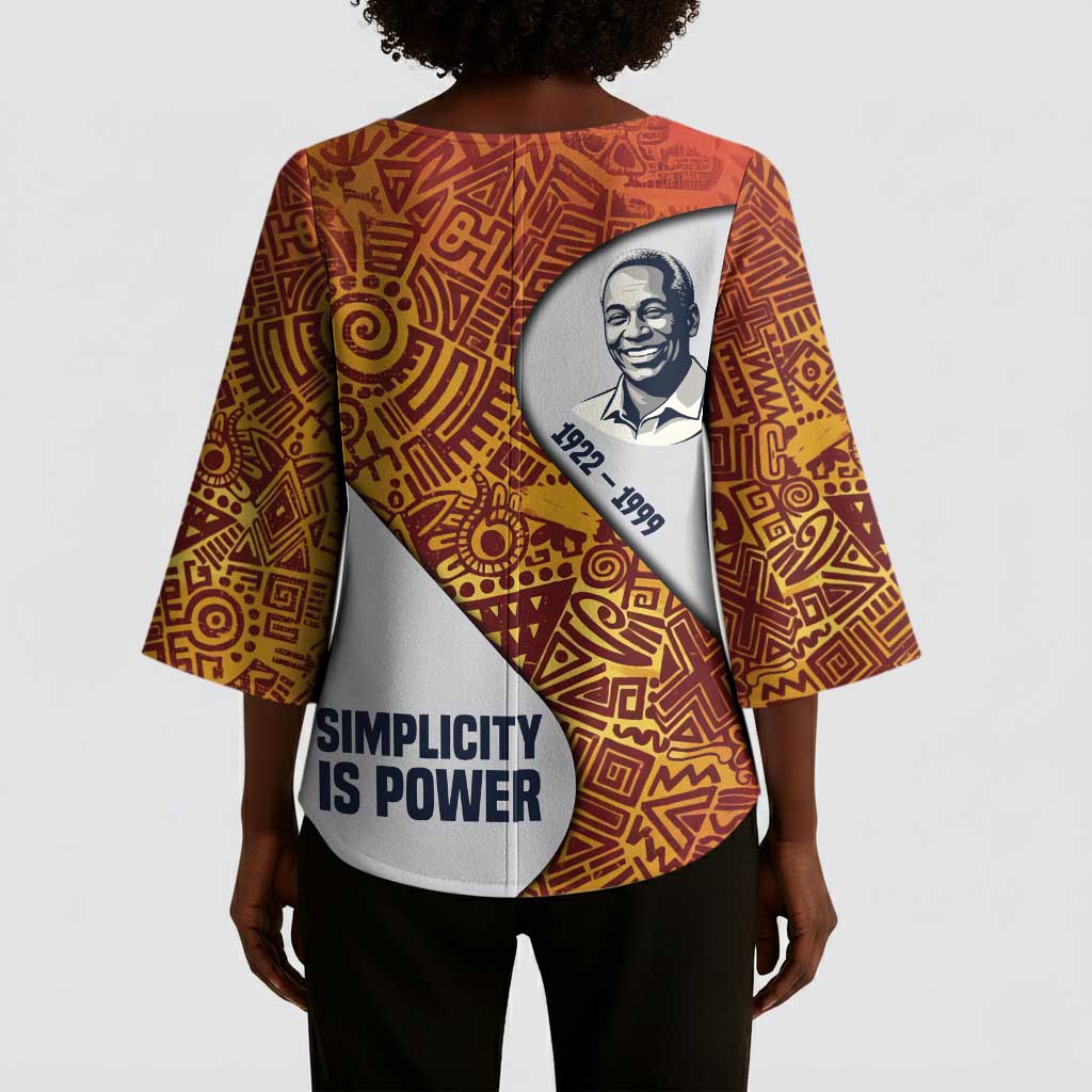 Julius Nyerere Kimono Sleeve Blouse with Smiling Portrait, Tribal Pattern and Simplicity is Power Quote - African Pride