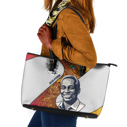 Julius Nyerere Leather Tote Bag with Smiling Portrait, Tribal Pattern and Simplicity is Power Quote - African Pride