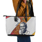 Julius Nyerere Leather Tote Bag with Smiling Portrait, Tribal Pattern and Simplicity is Power Quote - African Pride