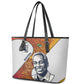 Julius Nyerere Leather Tote Bag with Smiling Portrait, Tribal Pattern and Simplicity is Power Quote - African Pride