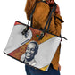 Julius Nyerere Leather Tote Bag with Smiling Portrait, Tribal Pattern and Simplicity is Power Quote - African Pride