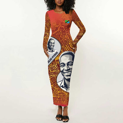 Julius Nyerere Long Sleeve Bodycon Dress with Smiling Portrait, Tribal Pattern and Simplicity is Power Quote - African Pride
