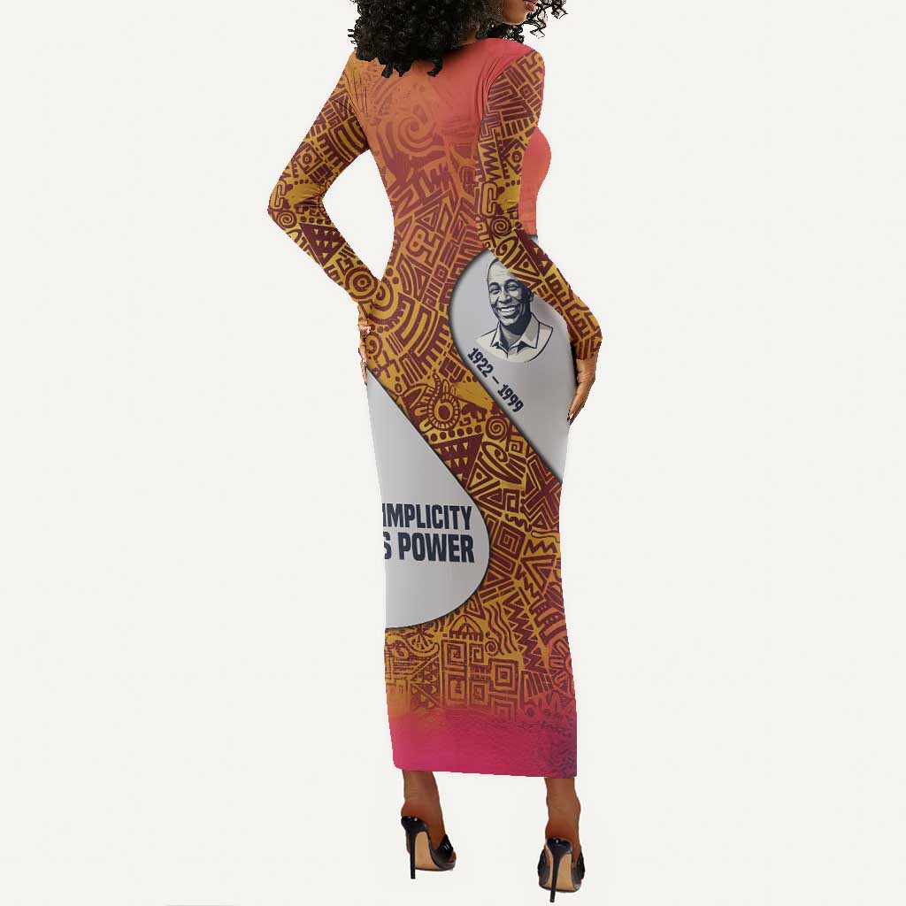 Julius Nyerere Long Sleeve Bodycon Dress with Smiling Portrait, Tribal Pattern and Simplicity is Power Quote - African Pride