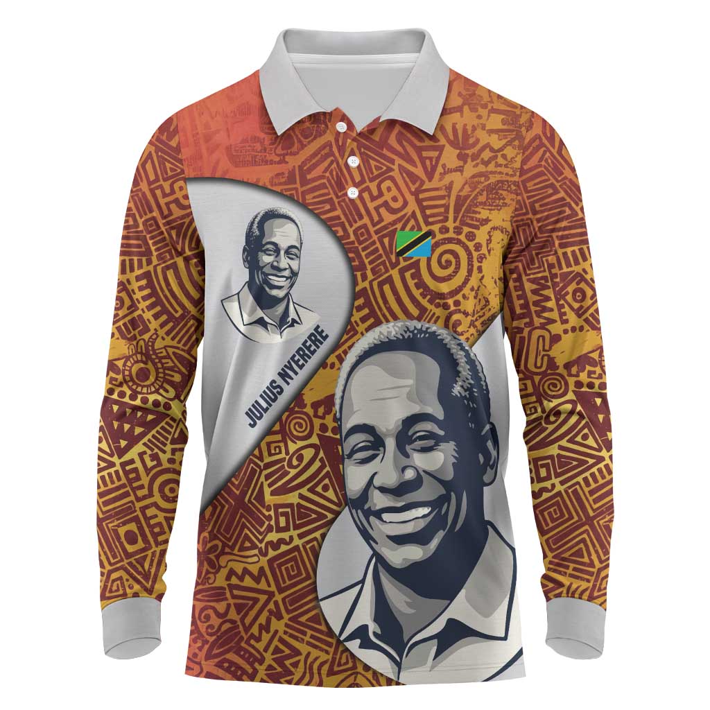 Julius Nyerere Long Sleeve Polo Shirt with Smiling Portrait, Tribal Pattern and Simplicity is Power Quote - African Pride