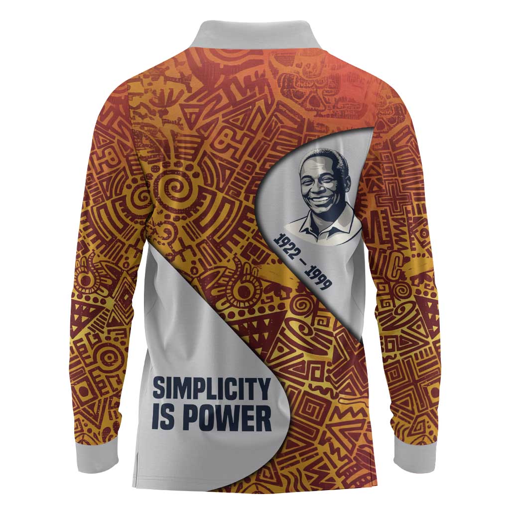 Julius Nyerere Long Sleeve Polo Shirt with Smiling Portrait, Tribal Pattern and Simplicity is Power Quote - African Pride