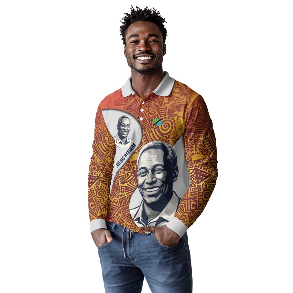 Julius Nyerere Long Sleeve Polo Shirt with Smiling Portrait, Tribal Pattern and Simplicity is Power Quote - African Pride