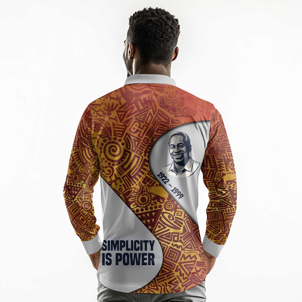 Julius Nyerere Long Sleeve Polo Shirt with Smiling Portrait, Tribal Pattern and Simplicity is Power Quote - African Pride
