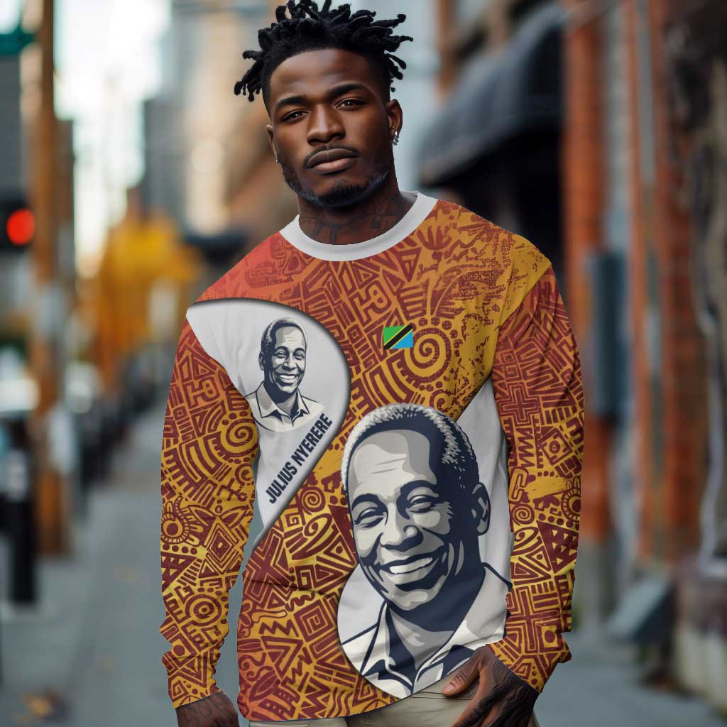 Julius Nyerere Long Sleeve Shirt with Smiling Portrait, Tribal Pattern and Simplicity is Power Quote - African Pride