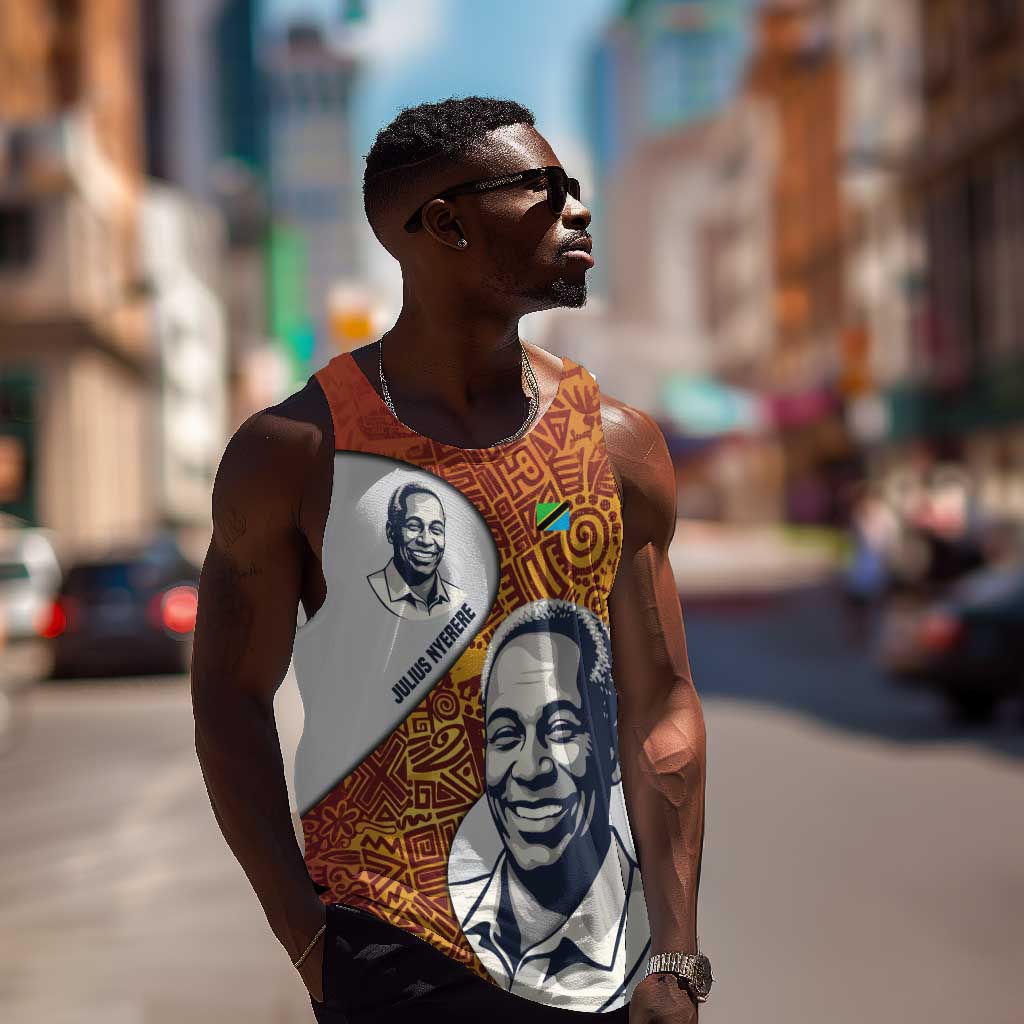 Julius Nyerere Men Tank Top with Smiling Portrait, Tribal Pattern and Simplicity is Power Quote - African Pride