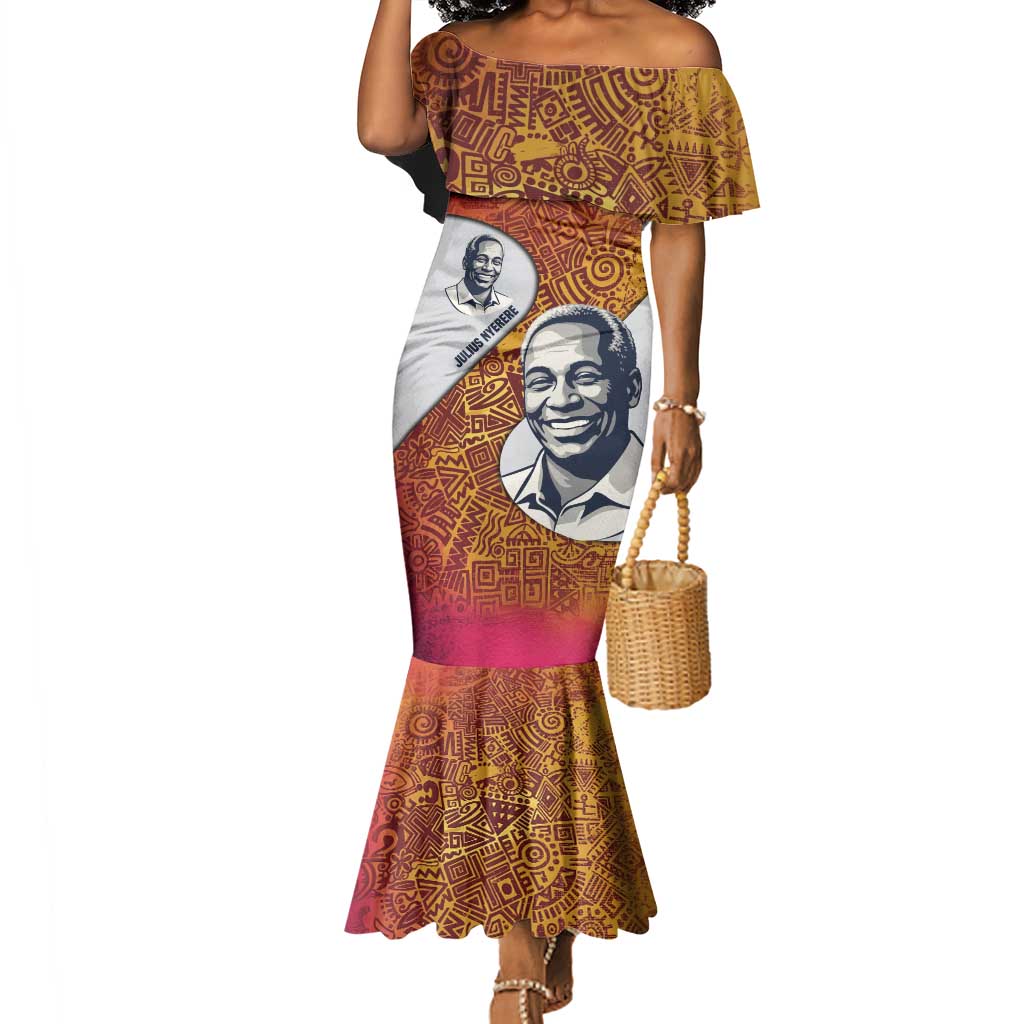 Julius Nyerere Mermaid Dress with Smiling Portrait, Tribal Pattern and Simplicity is Power Quote - African Pride