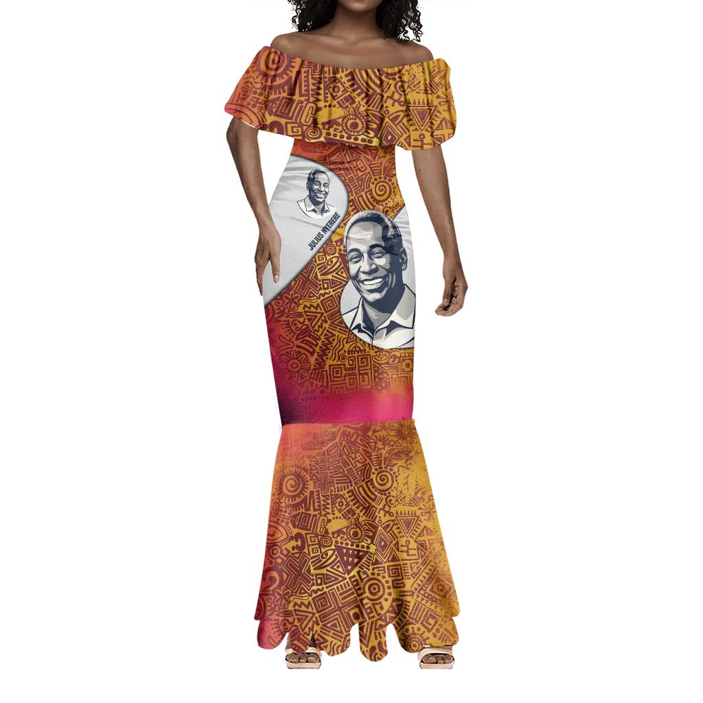 Julius Nyerere Mermaid Dress with Smiling Portrait, Tribal Pattern and Simplicity is Power Quote - African Pride