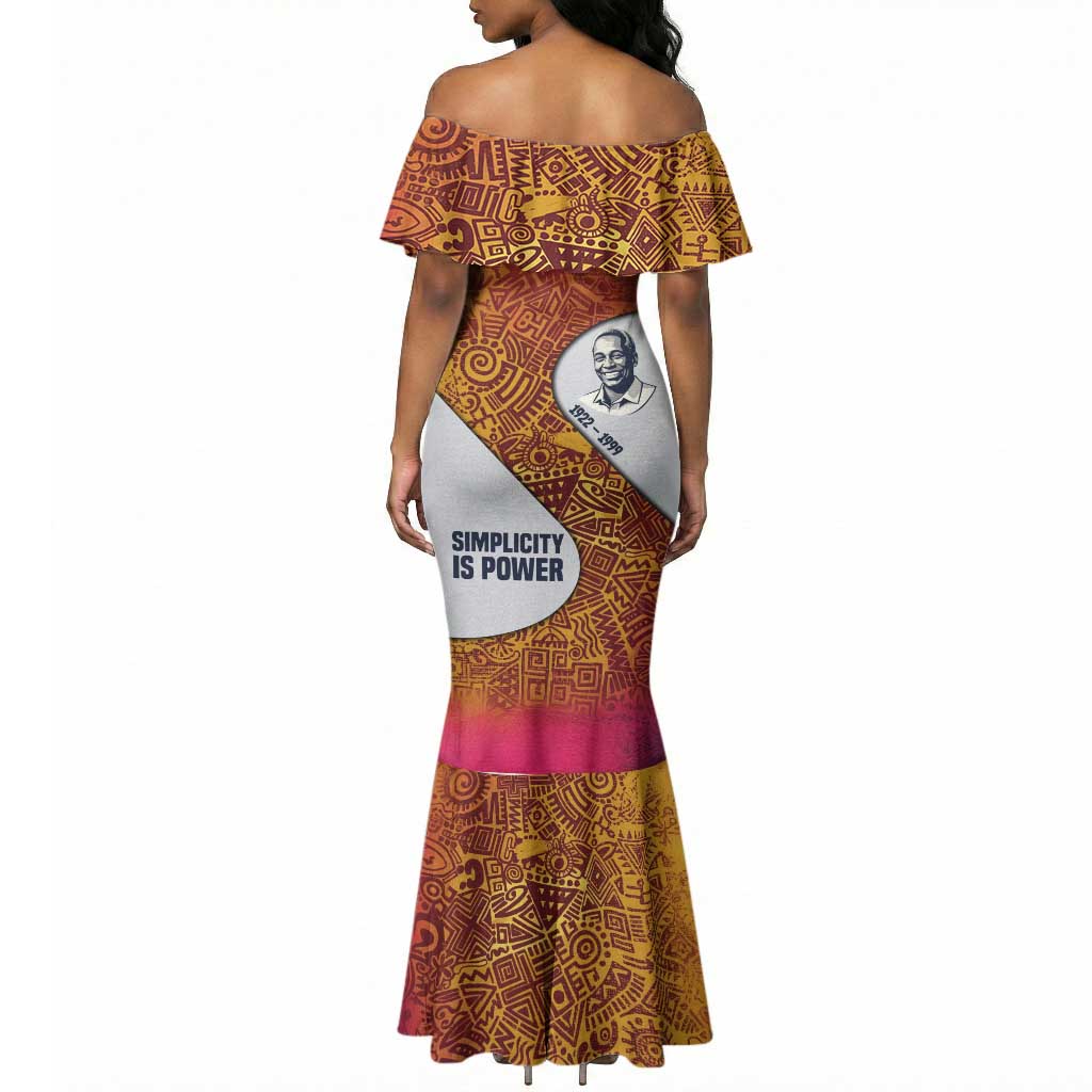 Julius Nyerere Mermaid Dress with Smiling Portrait, Tribal Pattern and Simplicity is Power Quote - African Pride