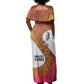 Julius Nyerere Off Shoulder Maxi Dress with Smiling Portrait, Tribal Pattern and Simplicity is Power Quote - African Pride