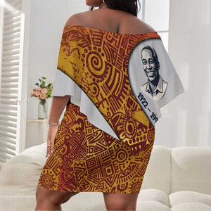 Julius Nyerere Off Shoulder Short Dress with Smiling Portrait, Tribal Pattern and Simplicity is Power Quote - African Pride