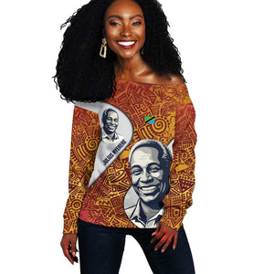 Julius Nyerere Off Shoulder Sweater with Smiling Portrait, Tribal Pattern and Simplicity is Power Quote - African Pride