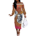 Julius Nyerere Off The Shoulder Long Sleeve Dress with Smiling Portrait, Tribal Pattern and Simplicity is Power Quote - African Pride