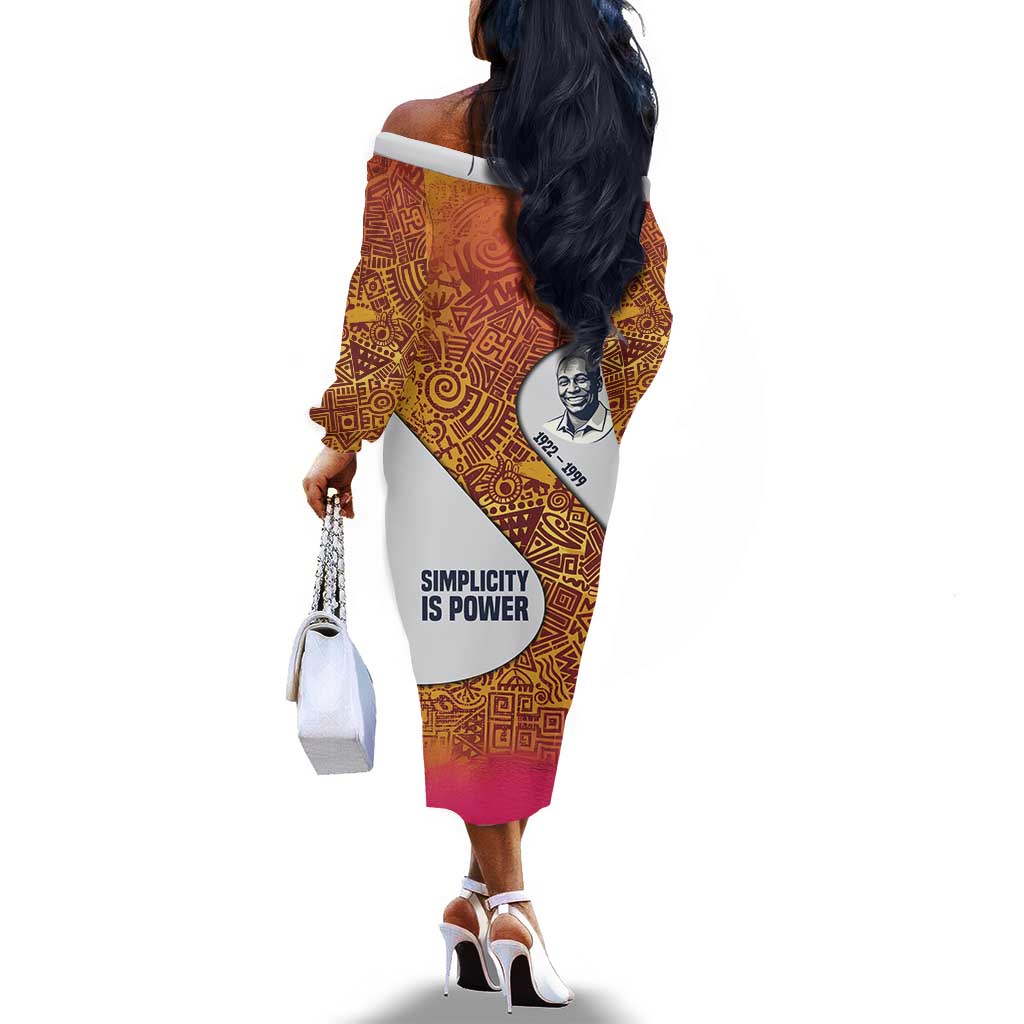 Julius Nyerere Off The Shoulder Long Sleeve Dress with Smiling Portrait, Tribal Pattern and Simplicity is Power Quote - African Pride
