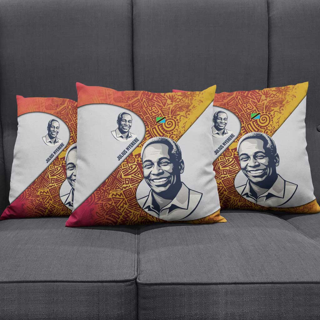 Julius Nyerere Pillow Cover with Smiling Portrait, Tribal Pattern and Simplicity is Power Quote - African Pride