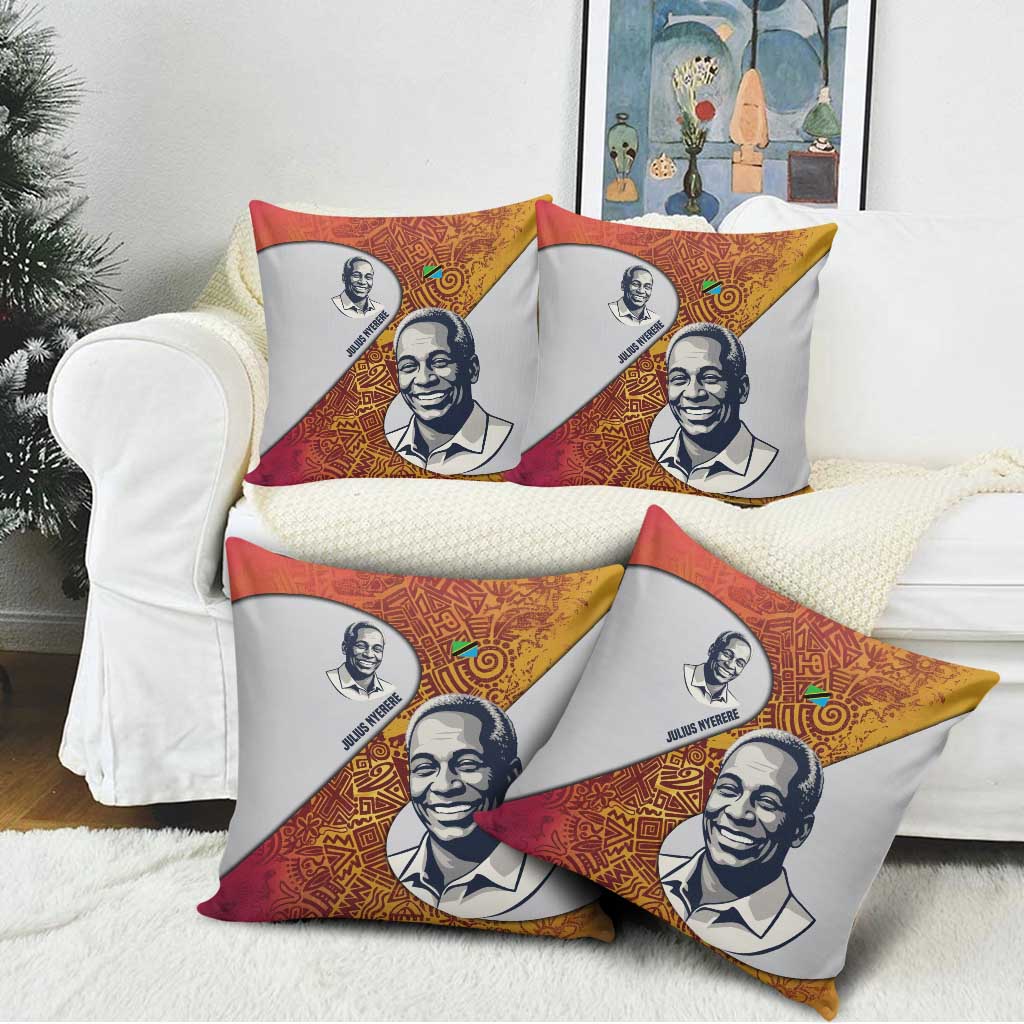Julius Nyerere Pillow Cover with Smiling Portrait, Tribal Pattern and Simplicity is Power Quote - African Pride