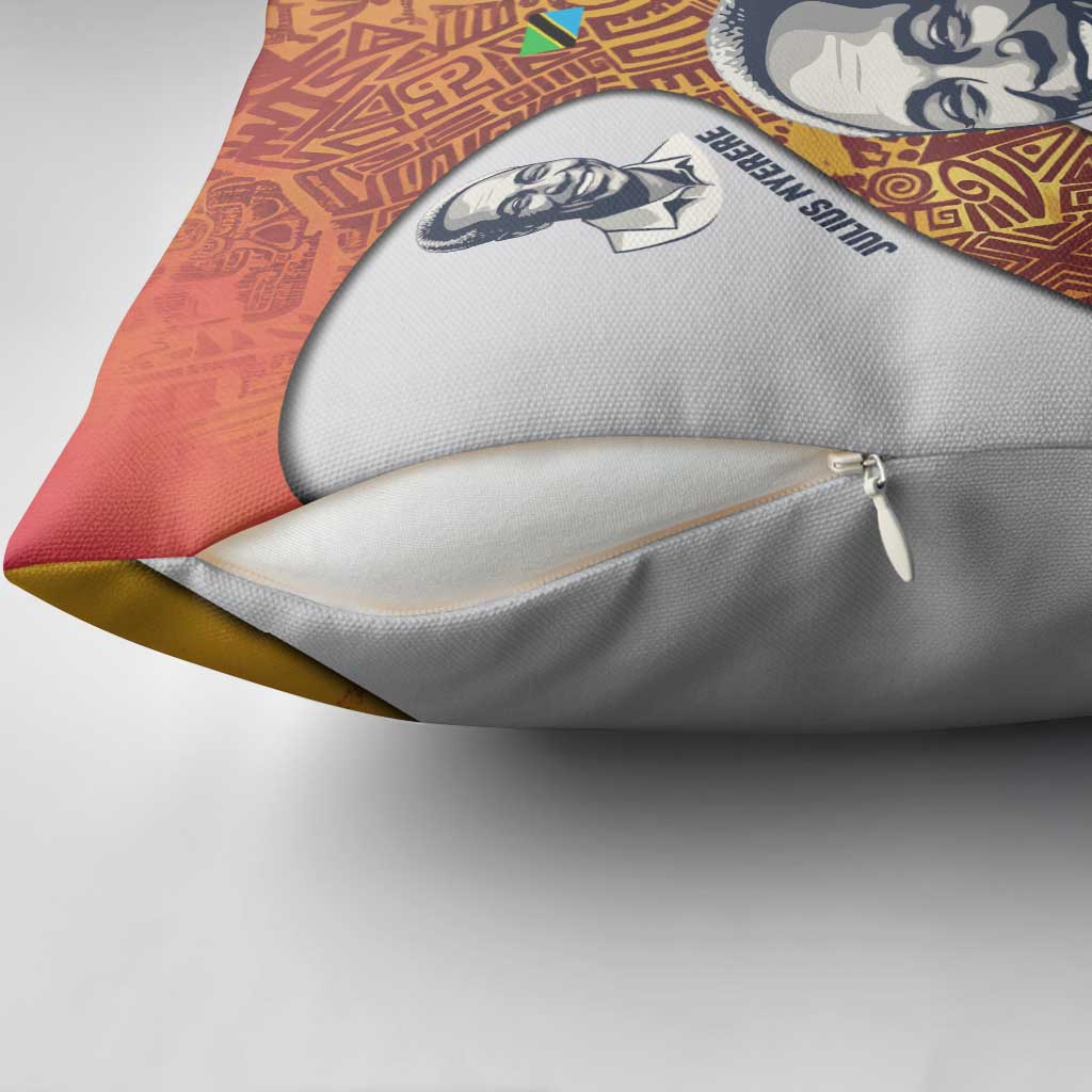Julius Nyerere Pillow Cover with Smiling Portrait, Tribal Pattern and Simplicity is Power Quote - African Pride