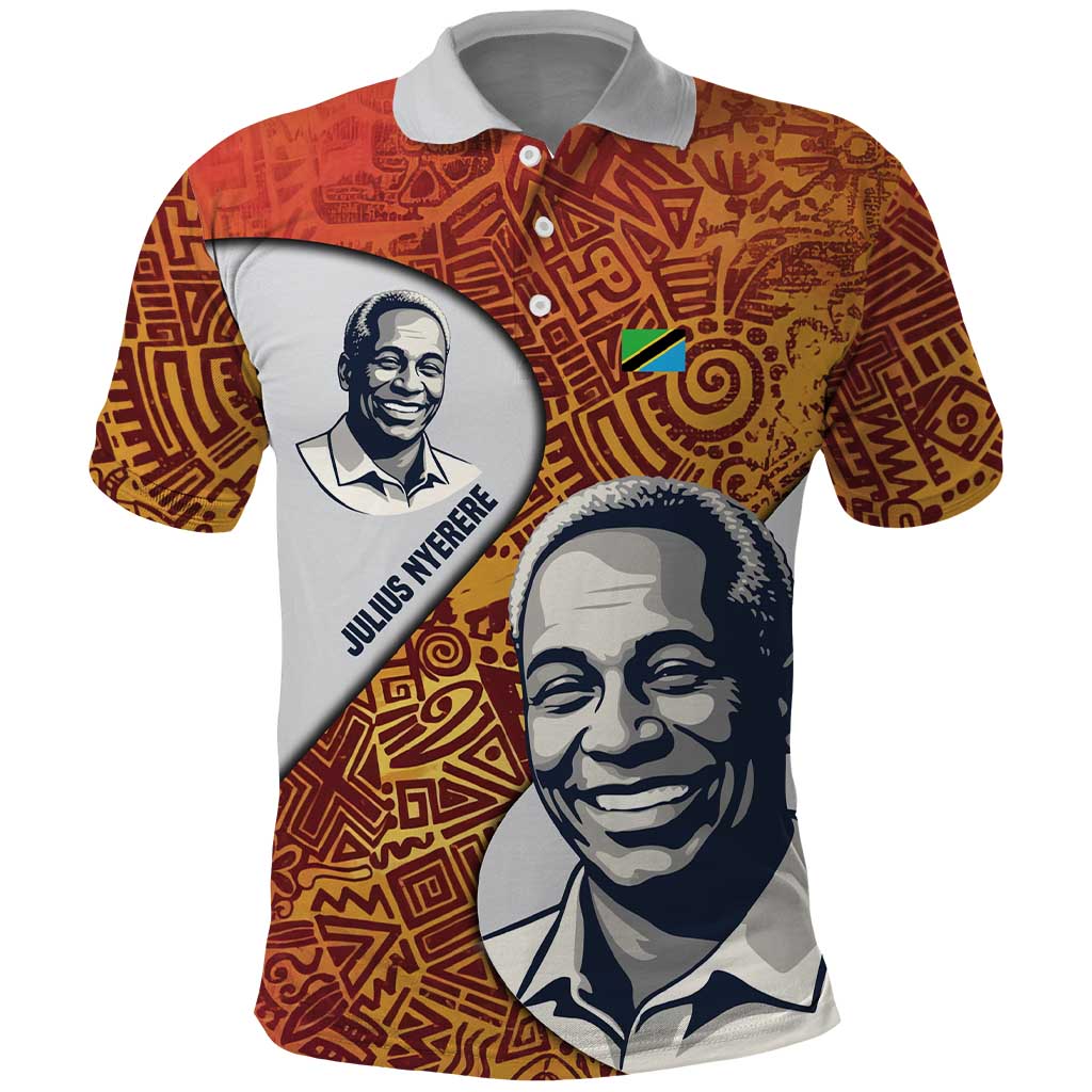 Julius Nyerere Polo Shirt with Smiling Portrait, Tribal Pattern and Simplicity is Power Quote - African Pride
