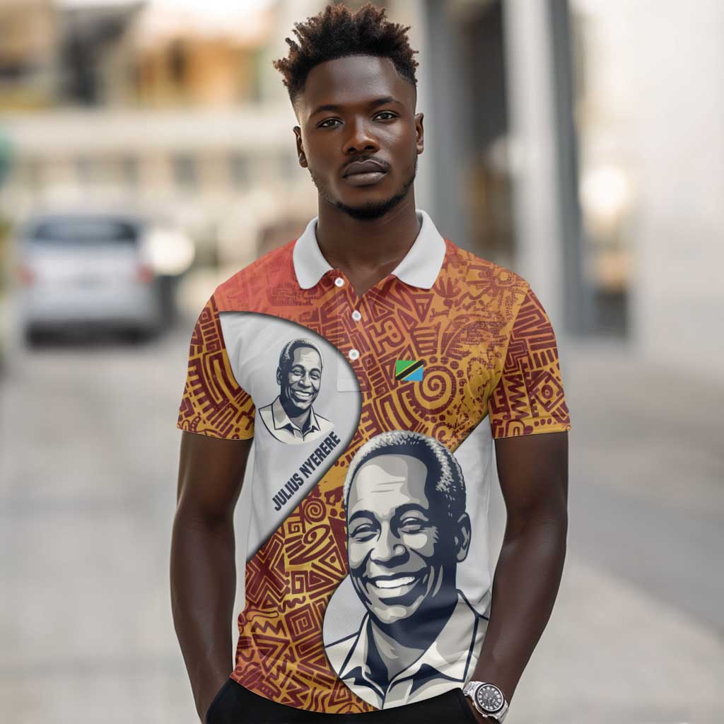 Julius Nyerere Polo Shirt with Smiling Portrait, Tribal Pattern and Simplicity is Power Quote - African Pride
